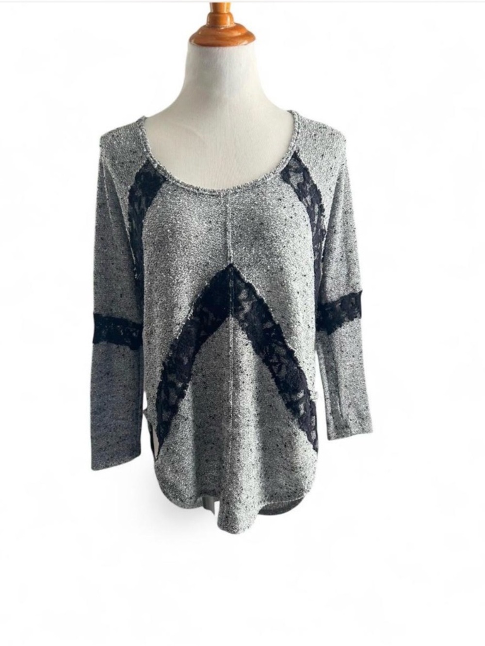 Macy's Gray Scoop Neck Sweater with Black Lace Accents
